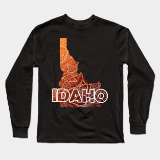 Colorful mandala art map of Idaho with text in brown and orange Long Sleeve T-Shirt